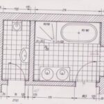 Verlegeplan für Fliesen. Draufsicht Badezimmer und WC