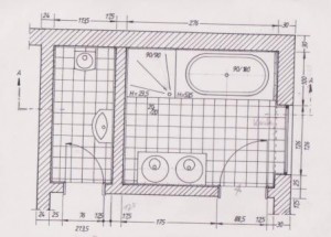 Verlegeplan für Fliesen. Draufsicht Badezimmer und WC